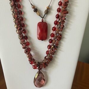 Lot of Two Red/Rust Beaded Women's Necklaces Crystal Teardrop
